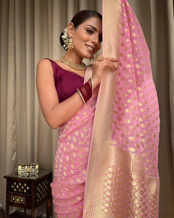 Beautiful Baby Pink Color Banarasi Jacquard Weaving Saree