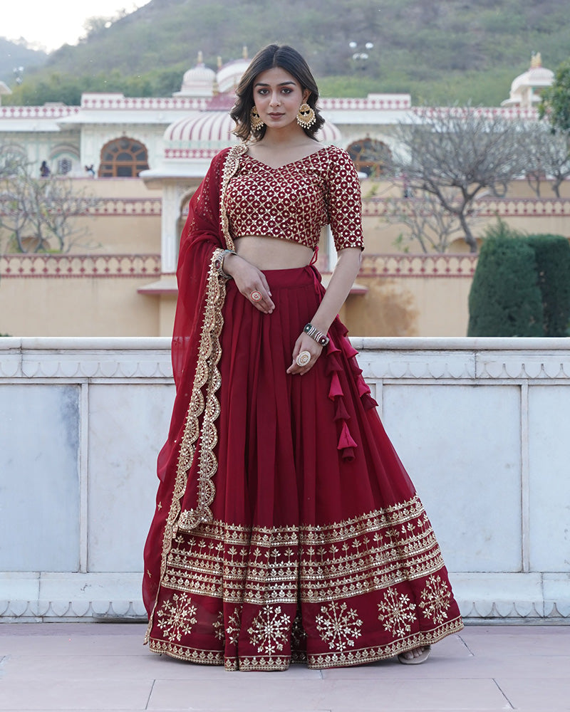 Designer Sequence Embroidery Work Georgette Lehenga Choli In Maroon Color