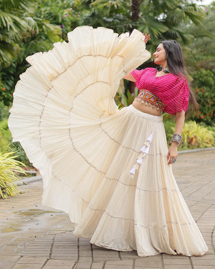 White Color Kora Cotton Lehenga With Pink Choli