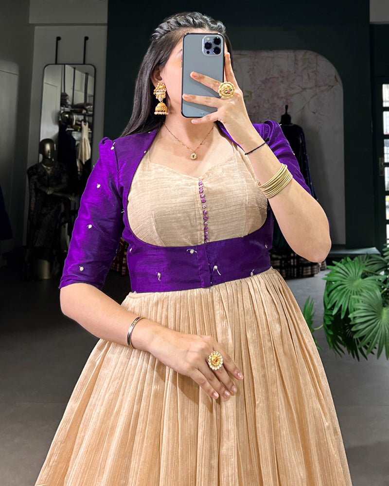 Purple Color Green Silk Printed Gown With koti