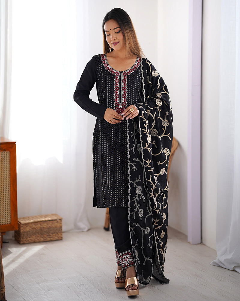 Black Color Chinon Silk Three Piece Kurti Suit