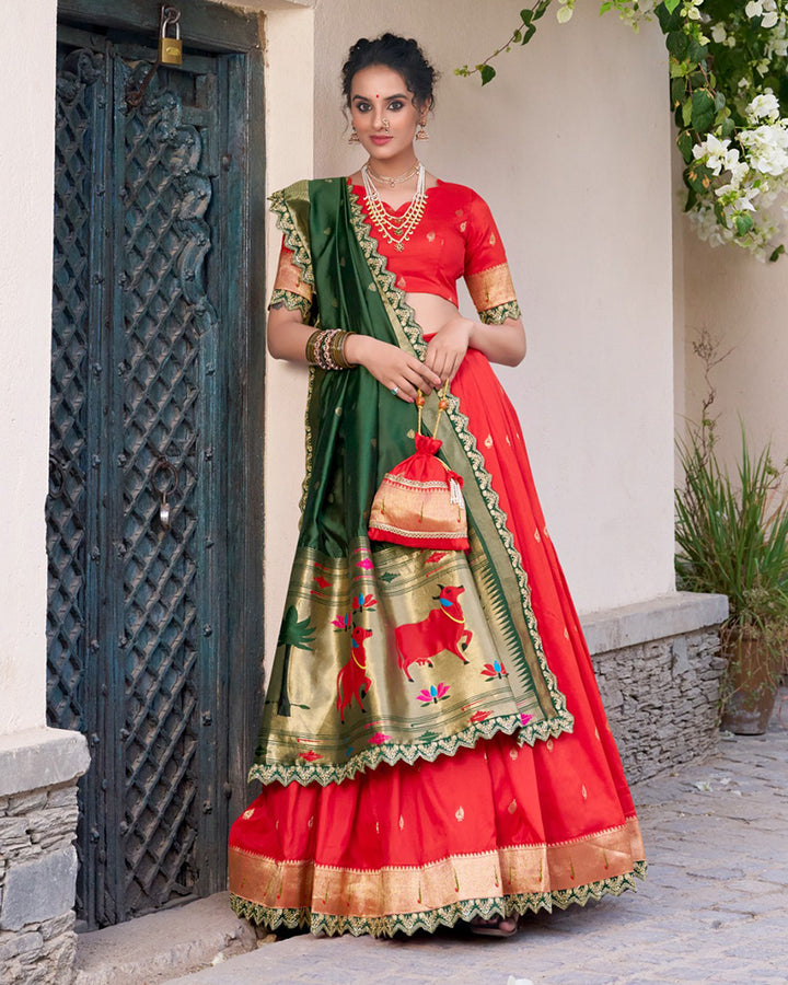 Red Color Jacquard Silk Half Saree