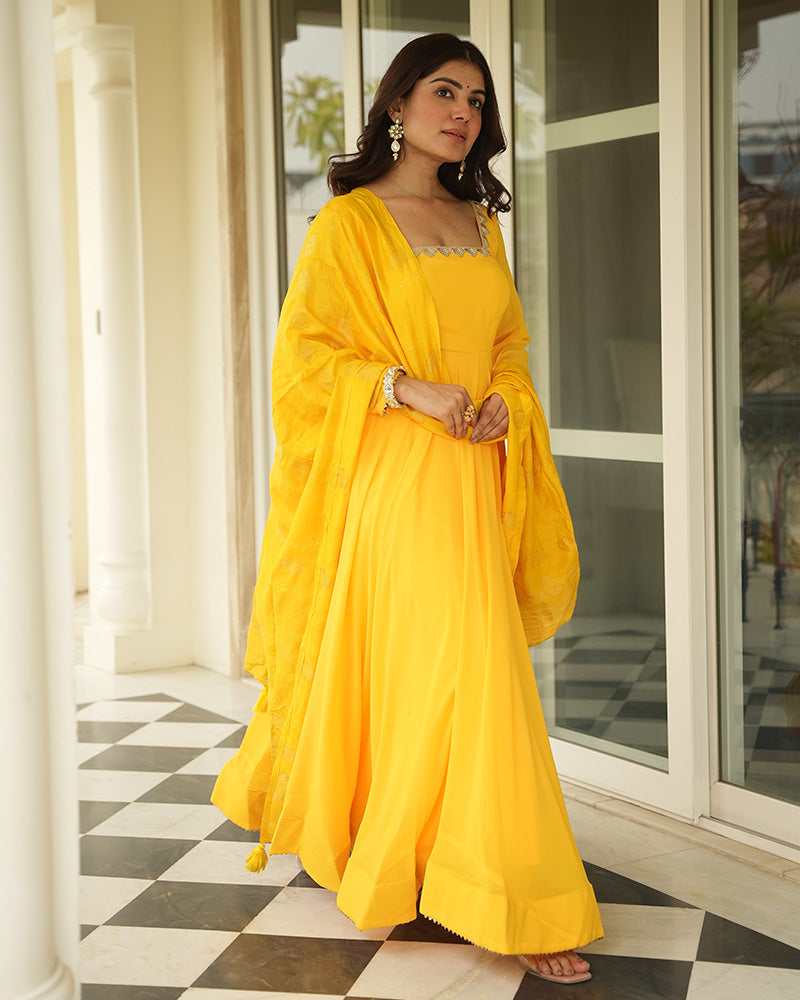Yellow Color Georgette Three Piece Anarkali Suit