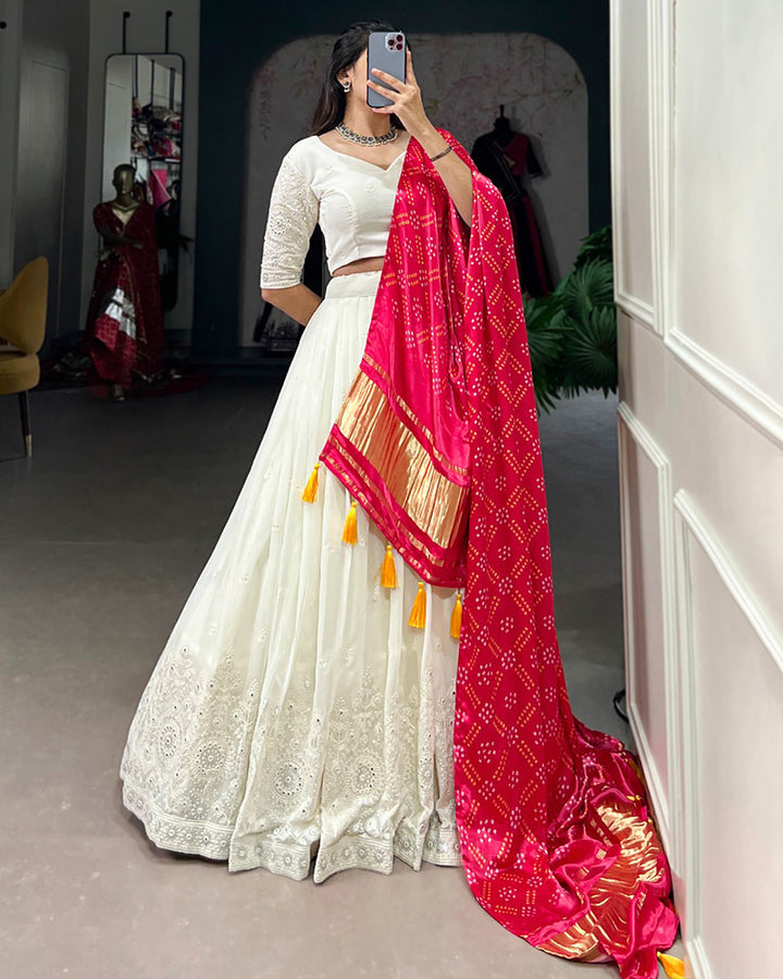 Off White Color Lucknowi Work Lehenga Choli With Different Dupatta