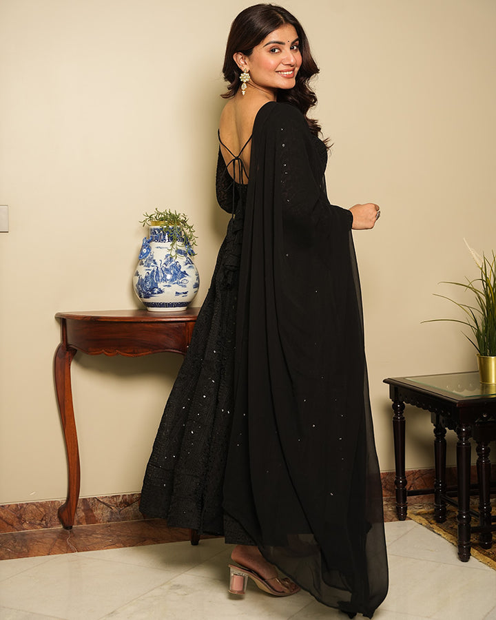 Black Color Georgette Lucknowi Three Piece Anarkali Suit