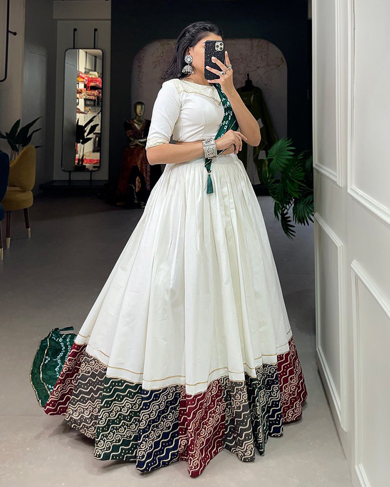 White Color Cotton Printed Navratri Lehenga Choli