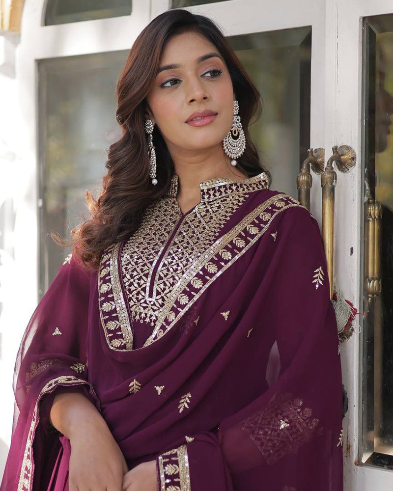 Wine Color Faux Blooming Rich Embroidered Work Gown