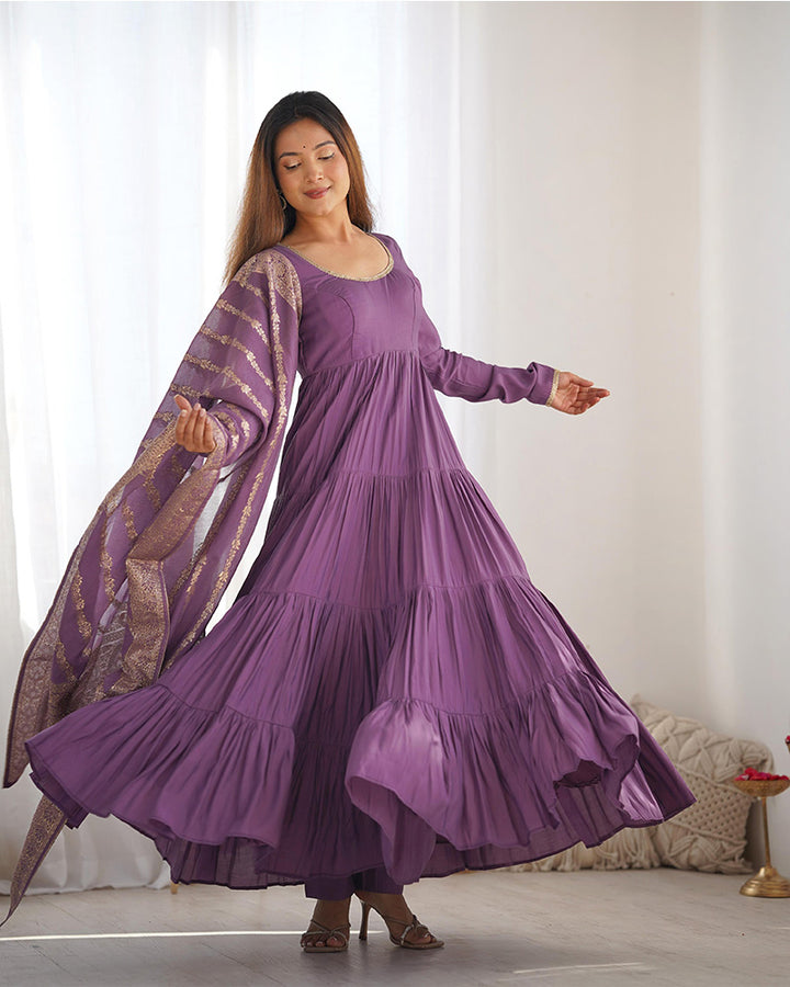 Dusty Purple Color Pure Roman Silk Ruffle Style Anarkali Suit