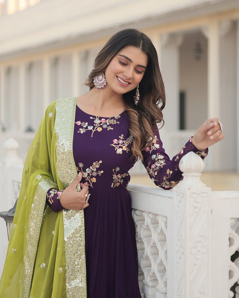 Wine Color Three layer Georgette Gown With Russian Silk Dupatta