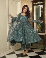 Bottle Green Color Printed Tebby Organza Three Piece Anarkali Suit