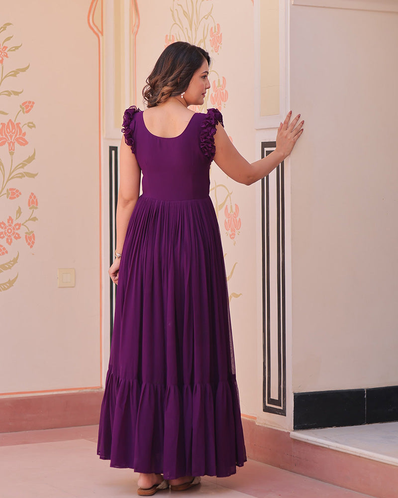 Wine Color Faux Blooming Embroidered work Gown