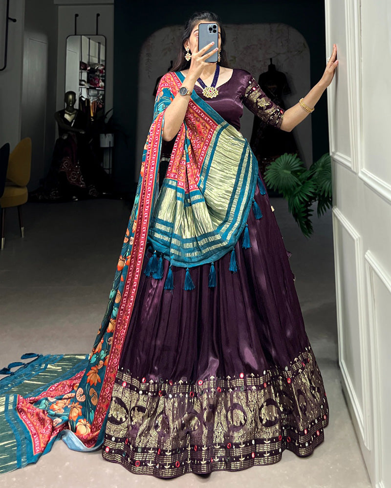 Wine Color Gaji Silk Real Mirror Work Lehenga Choli
