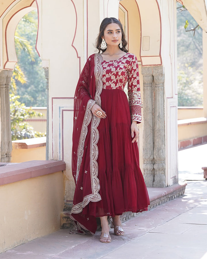 Maroon Color Anarkali Gown With Faux Blooming Dupatta