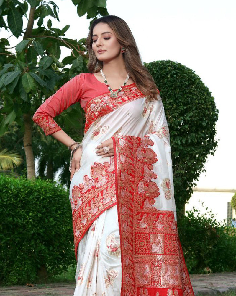 Red And White Banarasi Weaving Cluster Soft Silk Saree