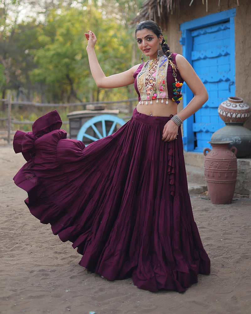 Wine Color Rayon Embroidered Navratri Lehenga Choli