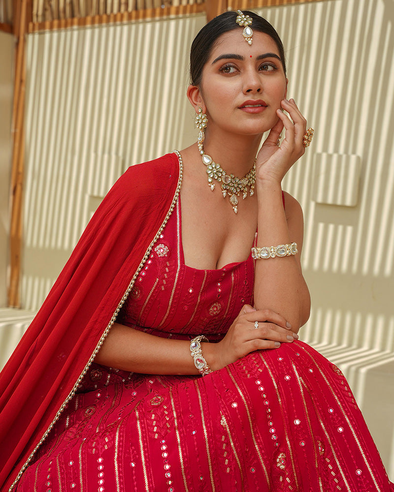 Tomato Red Color Lucknowi Style Embroidered Soft Georgette Lehenga Choli