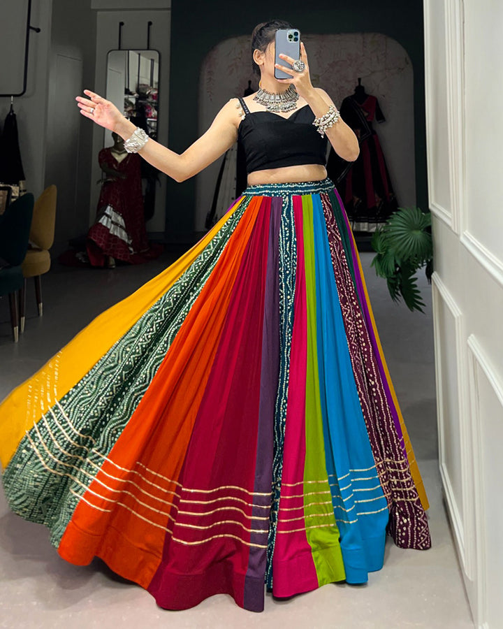 Multi Color Pure Rayon Navratri Lehenga With Black Choli