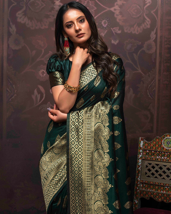 Dark Green Color Banarasi Jacquard Soft Silk Saree