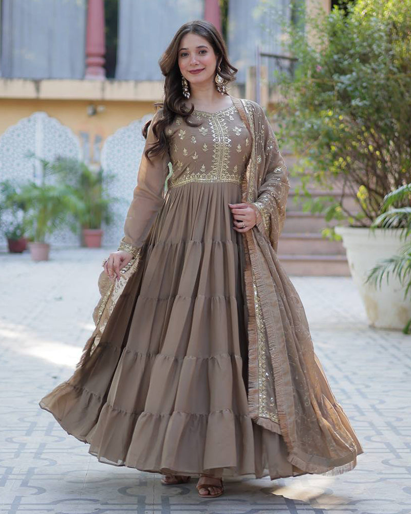 Brown Color Star Georgette Gown With Embroidered Dupatta