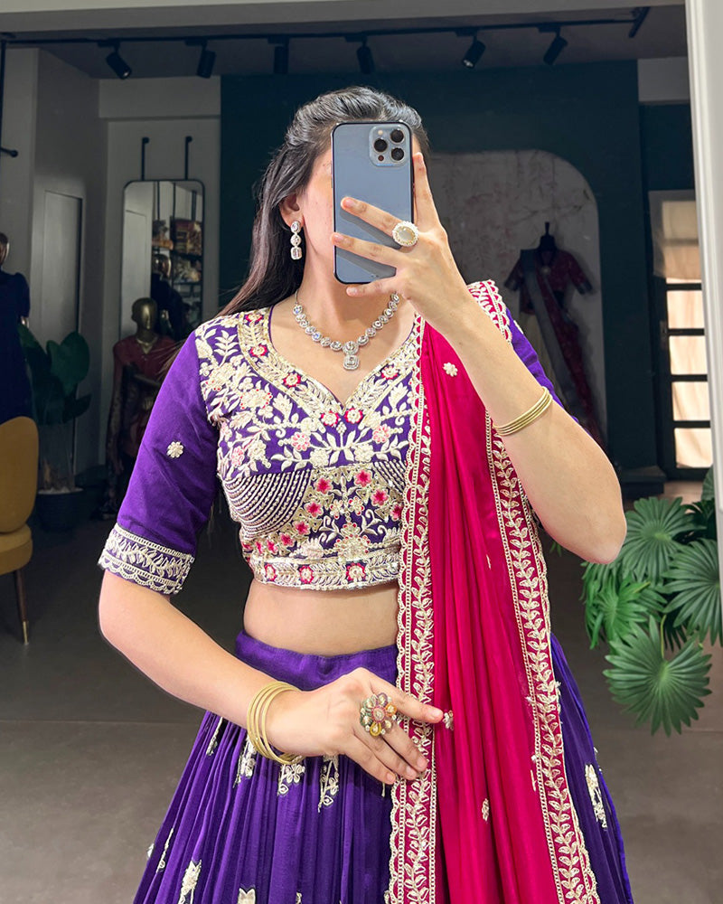 Purple Color Vichitra Silk Thread Embroidered Lehenga Choli