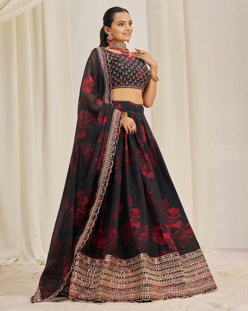 Black And Red Color Floral Print Soft Organza Lehenga Choli