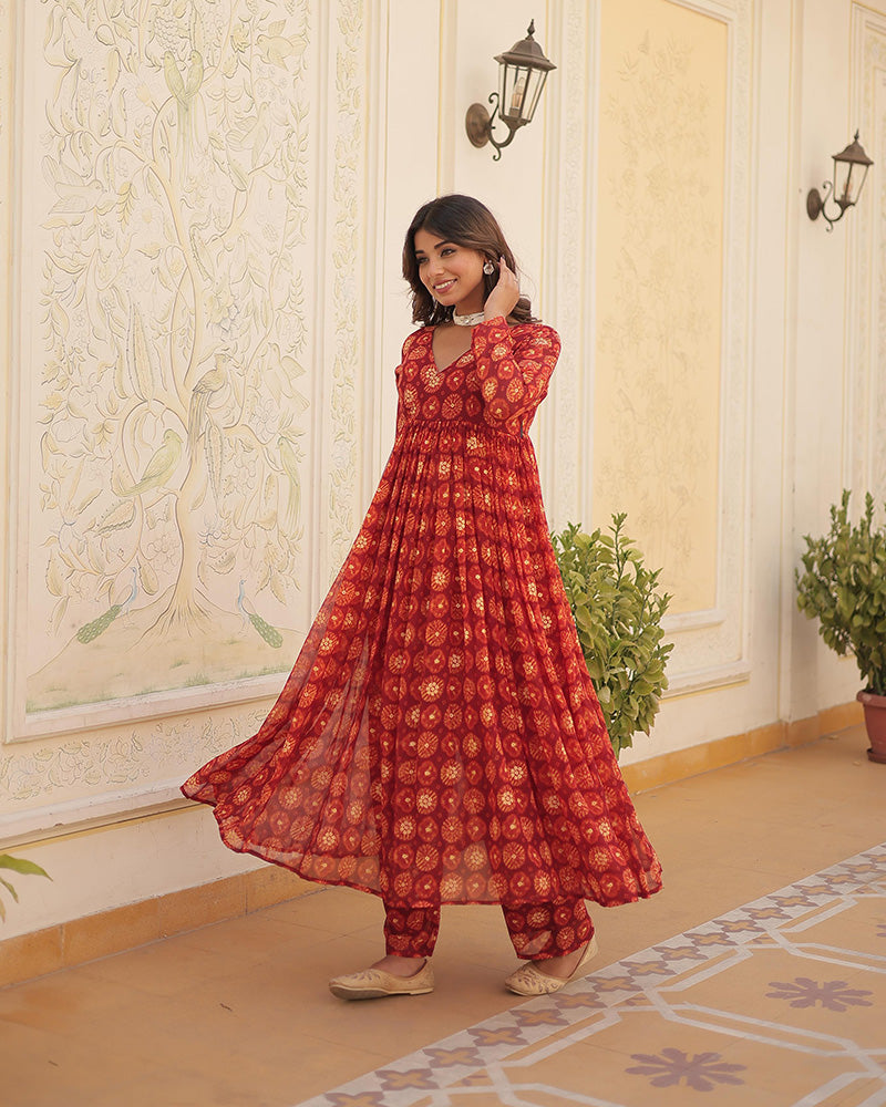 Designer Red Color Georgette Printed Co-Ord Set