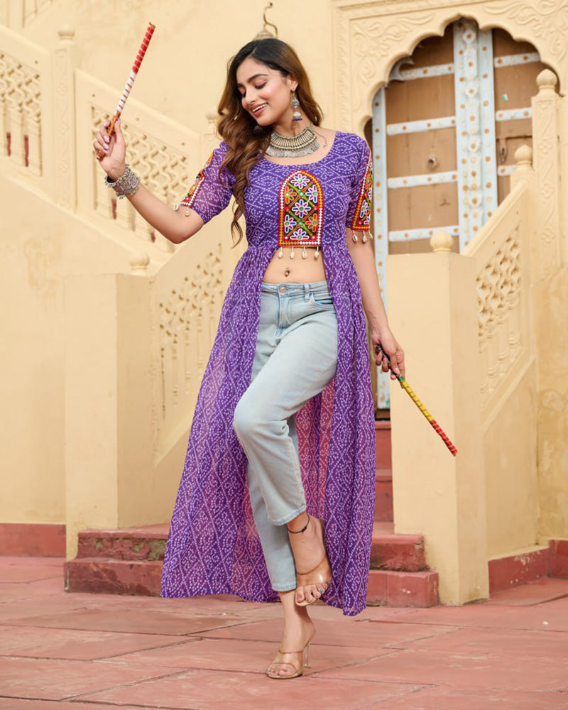 Purple Color Georgette Bandhani Print Navratri Kurti
