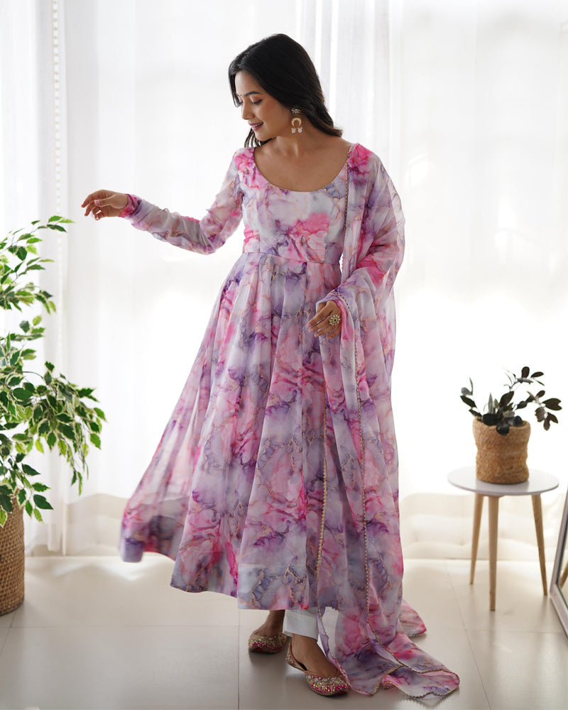 Printed Pink And White Kali Pattern Organza Silk Three-Piece Anarkali Suit