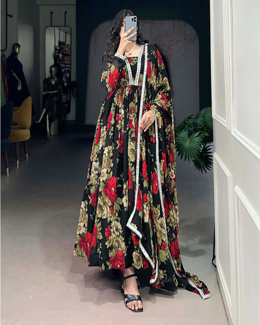 Black And Red Color Floral printed Georgette Gown