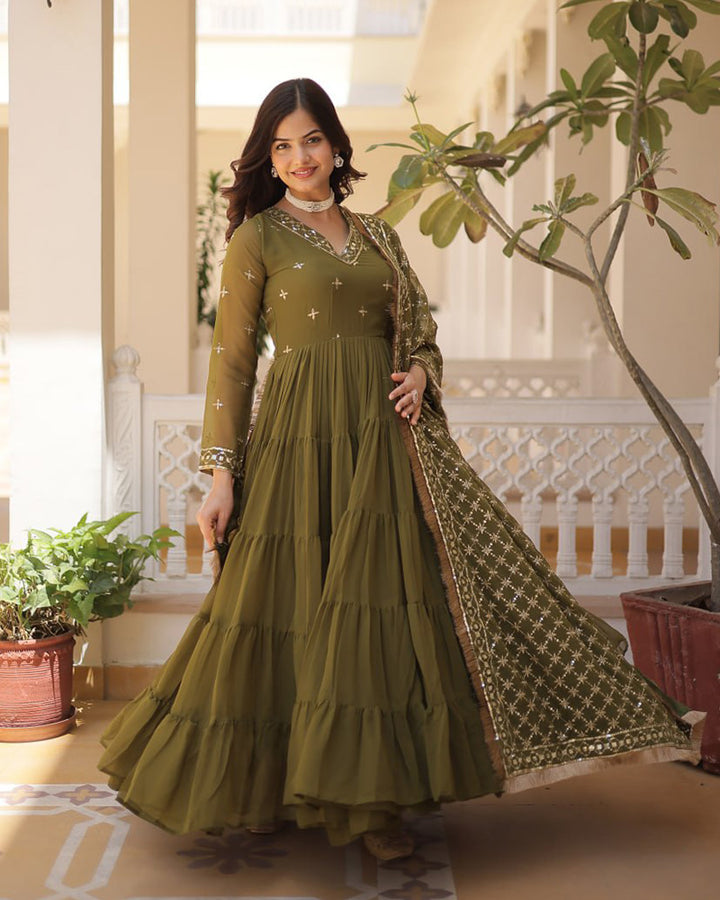 Mehndi Color Faux Georgette Designer Anarkali Gown With Dupatta