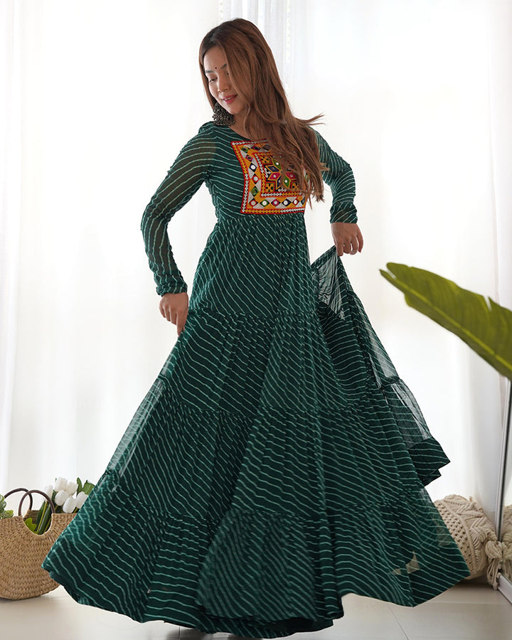 Green Color Georgette Laheriya Print Navratri Gown