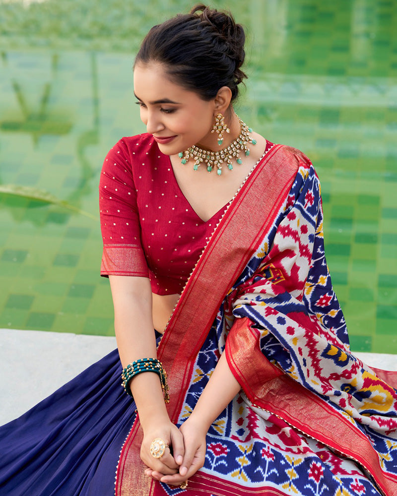 Navy Blue Color Tussar Silk Patola Printed Half Saree