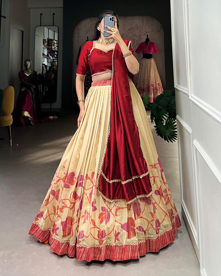 Maroon Color Green Silk Printed Lehenga Choli