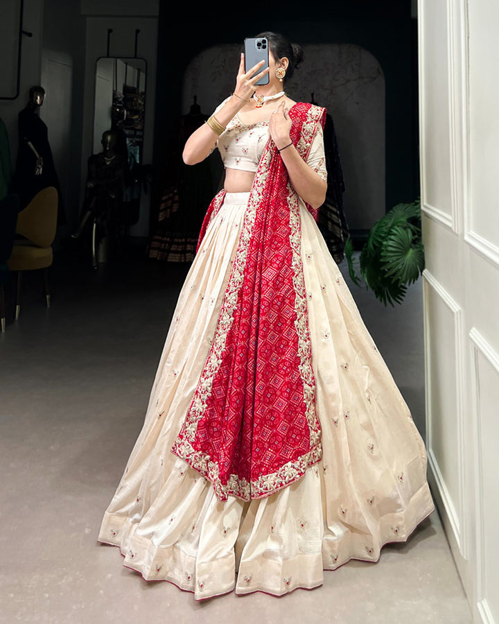 Off White Color Vichitra Silk Sequins And Thread Embroidered Lehenga Choli