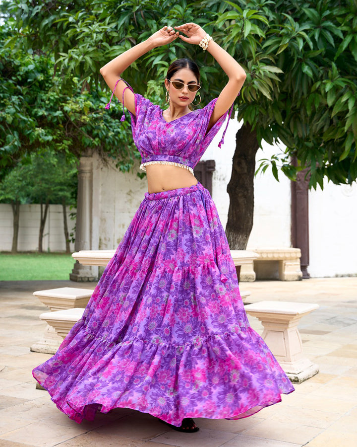 Purple Color Chiffon Printed Crop Top Lehenga Choli