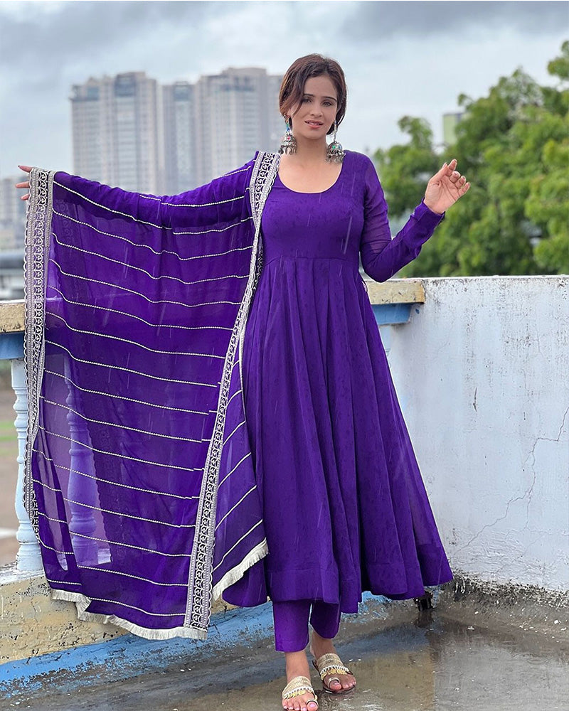 Purple Color Georgette Anarkali With Embroidered Dupatta