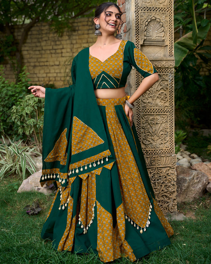 Mustard And Green Color Cotton Printed Navratri Lehenga Choli