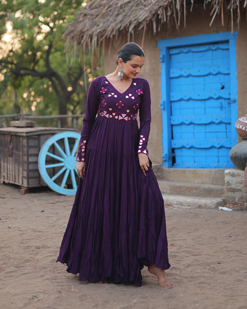 Purple Color Rayon Ruffle Style Navratri Gown