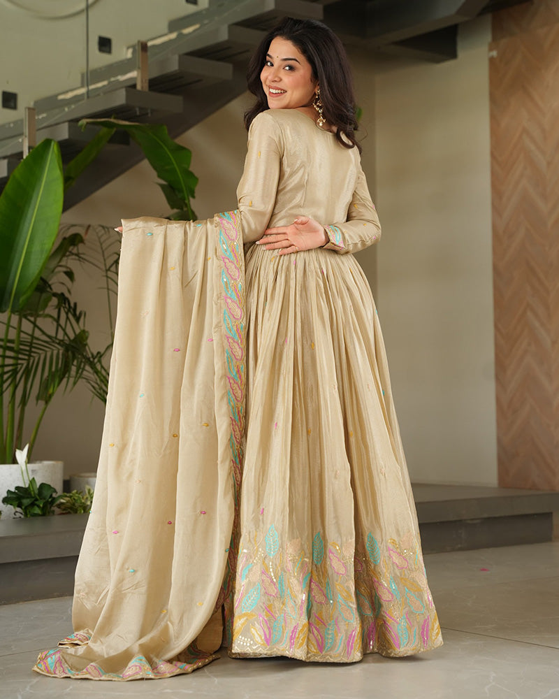 Cream Color Chinnon Sequence Embroidered Gown