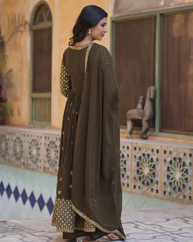 Designer Mehndi Color Three Piece Sharara Suit