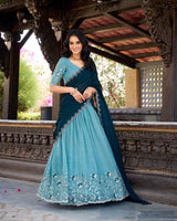 Sky Blue Color Silver Glossy Embroidered Lehenga Choli