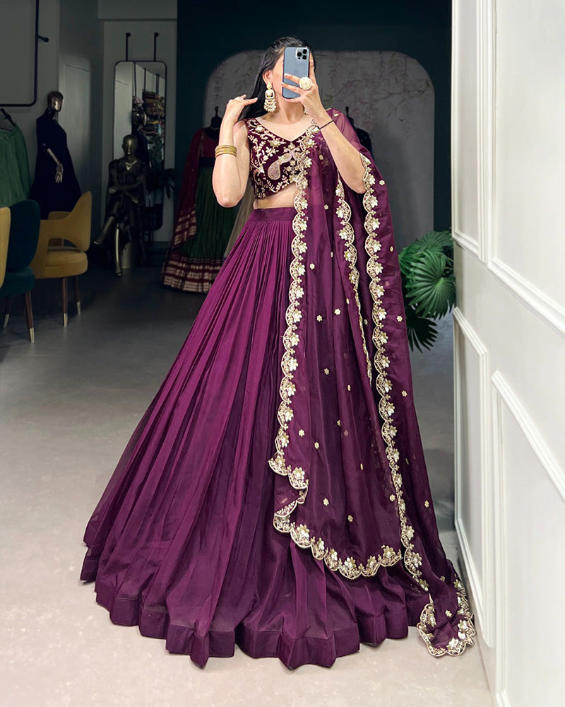 Wine Color Embroidered Organza Lehenga Choli