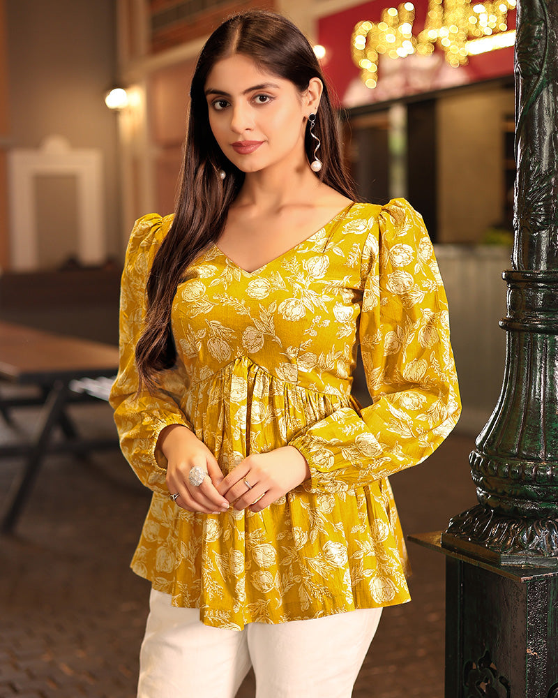 Yellow Color Pure Cotton Floral Printed Tunic