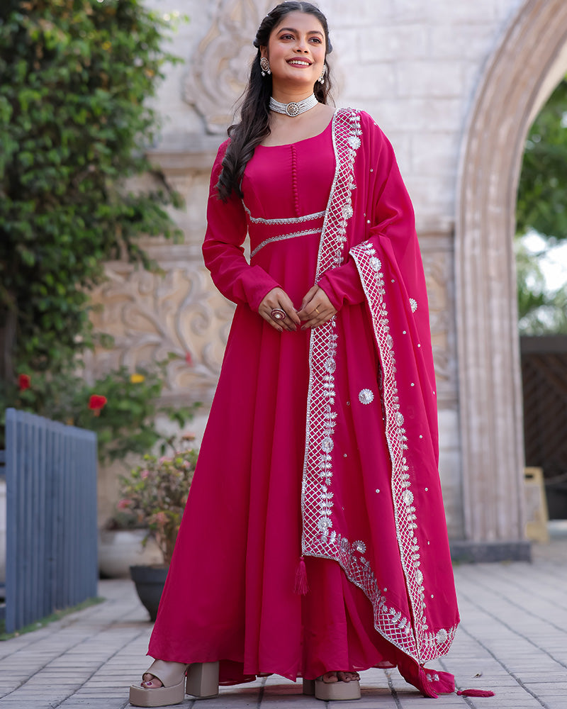 Rani Pink Embroidered Dupatta Anarkali Three Piece Suit