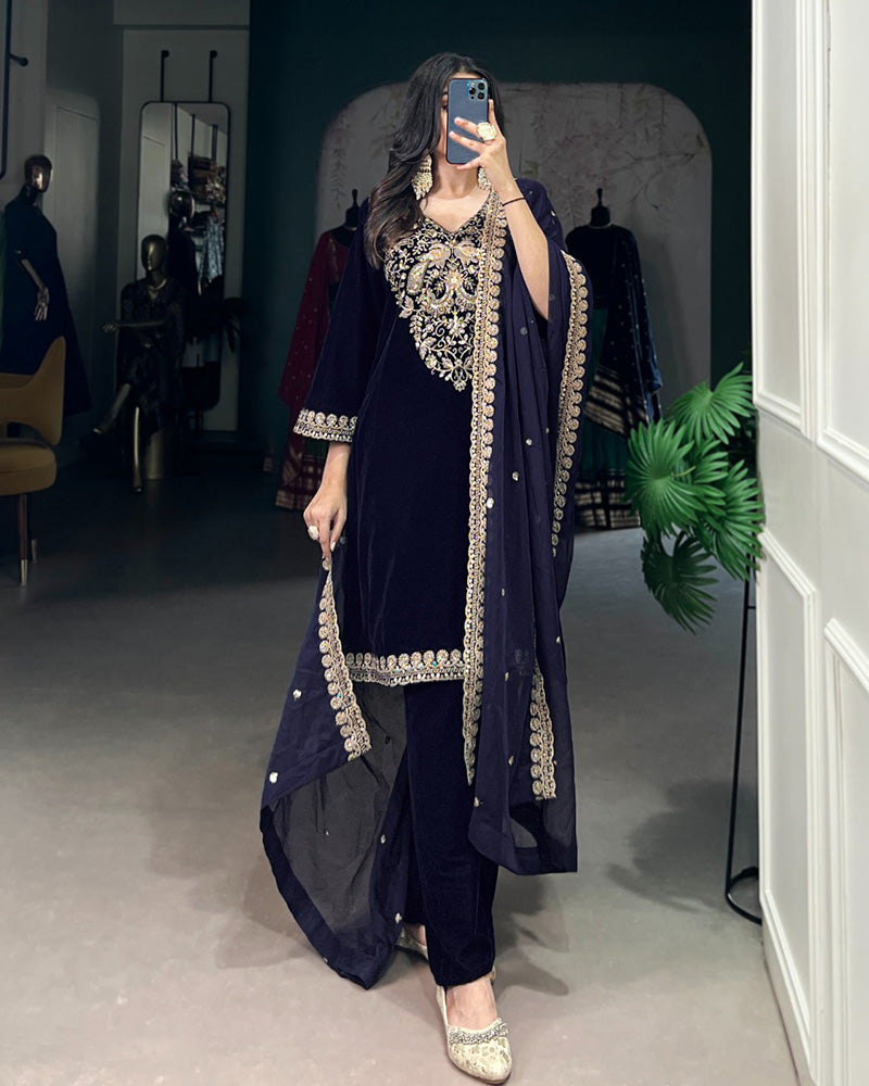 Navy Blue Color Velvet Three Piece Kurti Suit