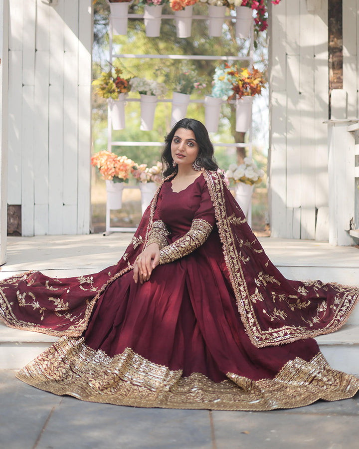 Dark Maroon Color Vichitra Shimmer Sequence Embroidered Gown