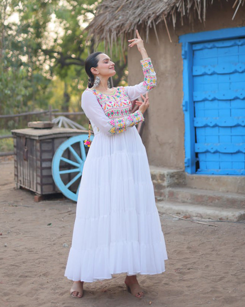 White Color Blooming Ruffle Style Navratri Gown