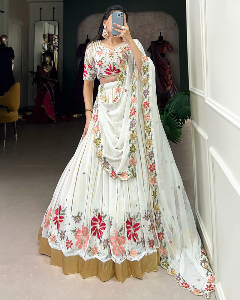 White Color Georgette Thread Embroidered Lehenga Choli