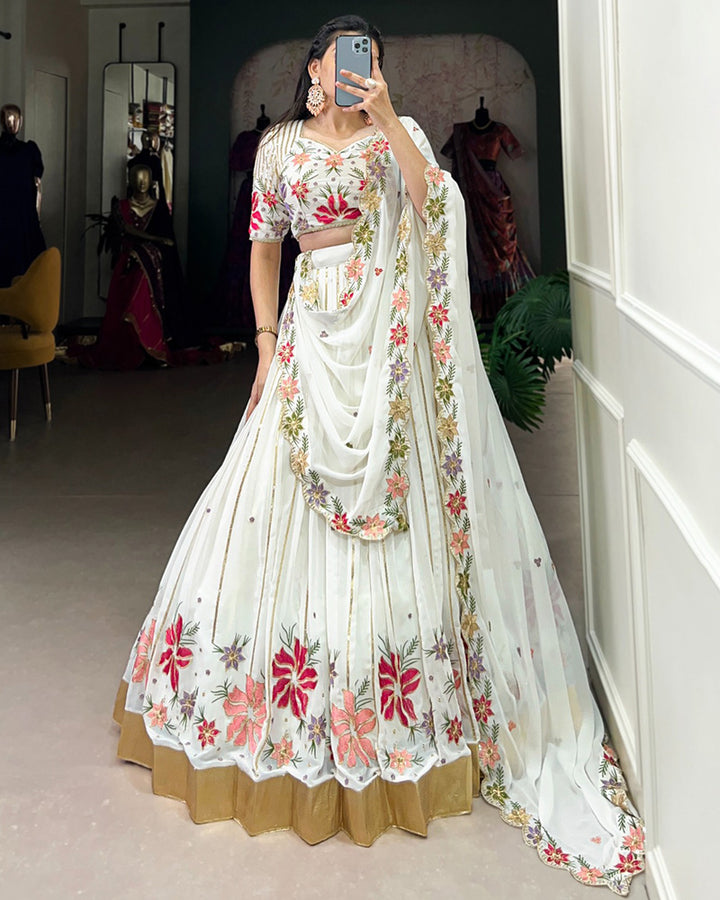 White Color Georgette Thread Embroidered Lehenga Choli