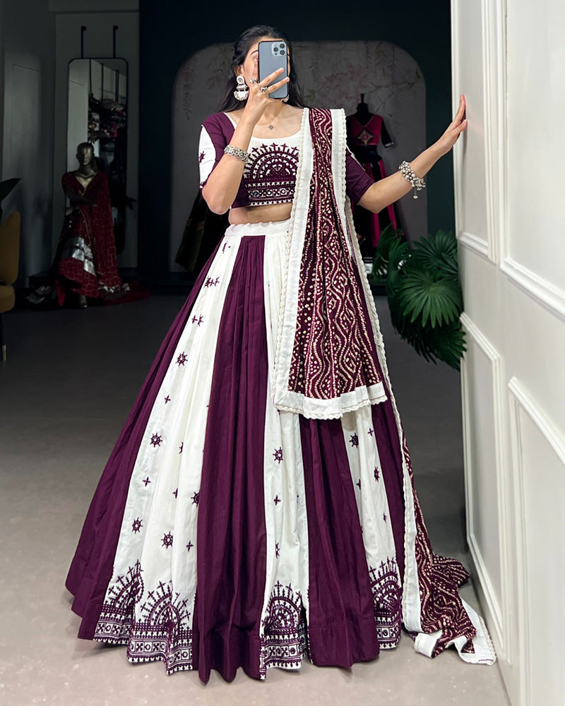 Designer WIne Color Cotton Real mirror Work Navratri Lehenga Choli